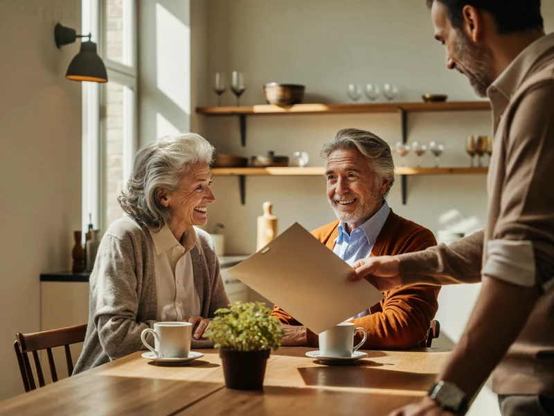 Una coppia di anziani e una consulente sorridono al tavolo di cucina.