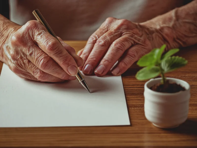 Mani anziane con una penna sopra un foglio bianco accanto a una piantina.